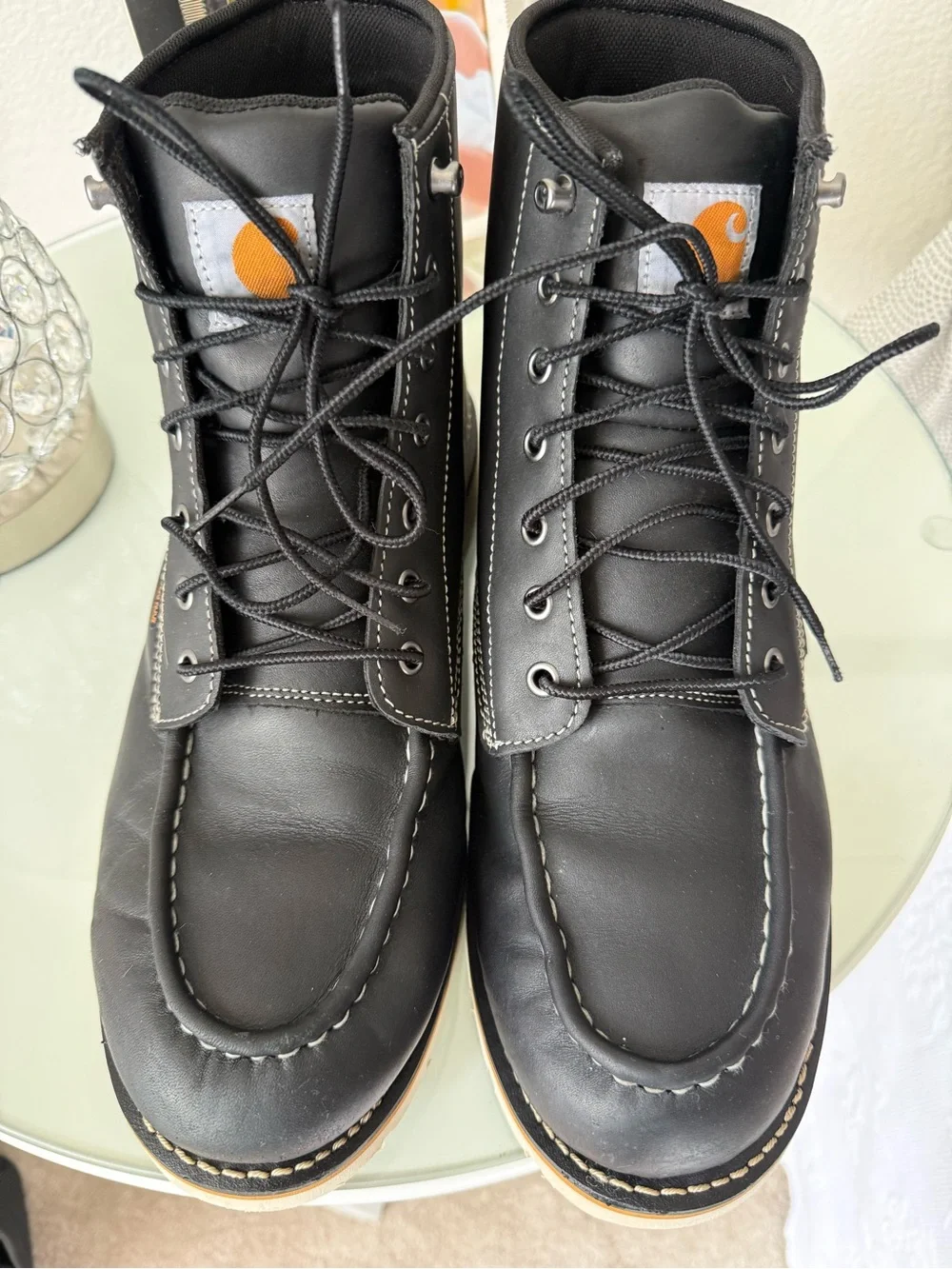 Carhartt Black Moc Toe Work Boots with Tan Outsole